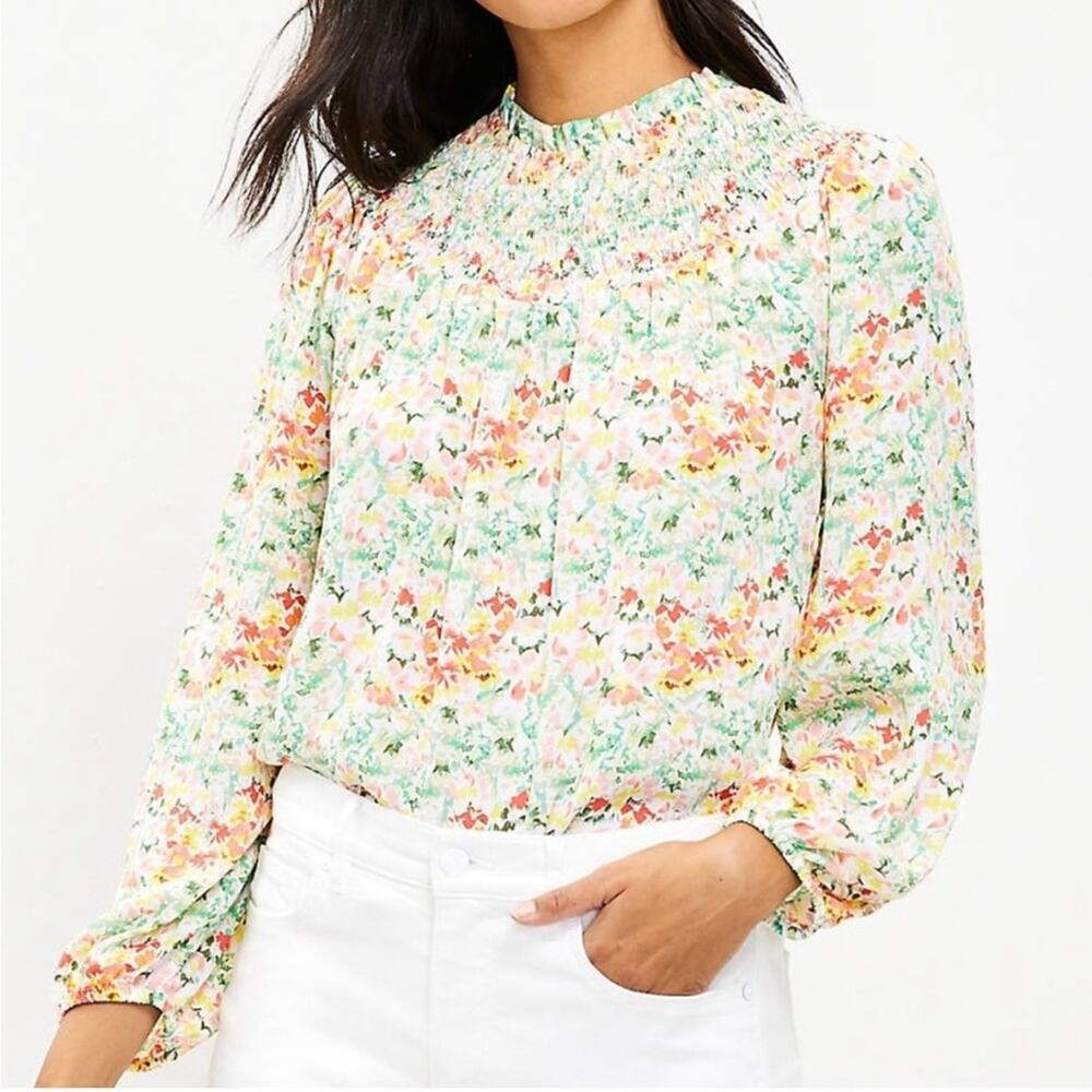 LOFT Buttercup Floral High Neck Smocked Yoke Cottagecore Blouse - Size S